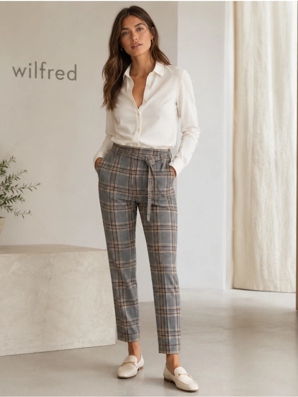 Aritzia Wilfred Plaid Gray Checked Pants Tie Belt Cropped Tailored Corporate